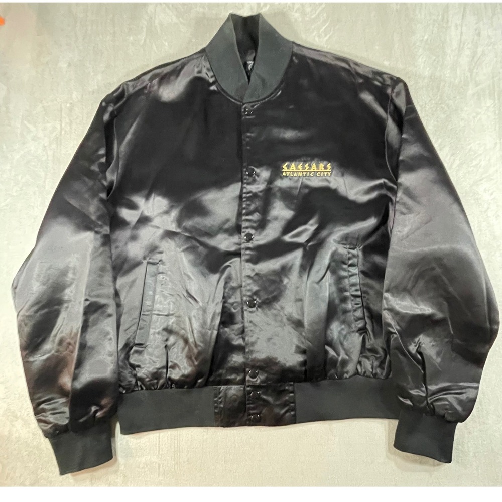 Vantage Satin Bomber Jacket Mens XXL Black Caesars Atlantic City Vintage USA
